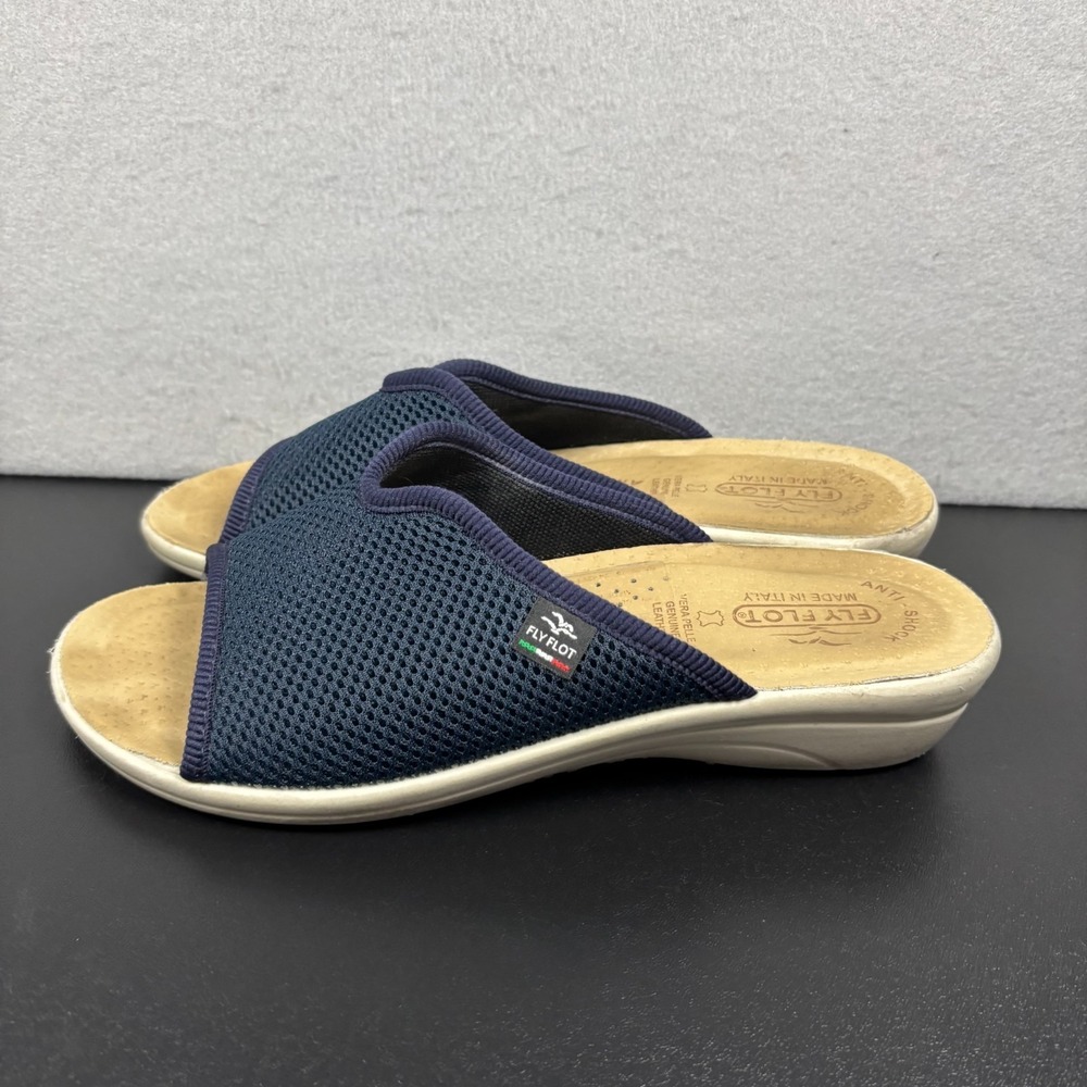 Fly Flot Navy Blue Mesh Slide Sandals‎ Womens 39/8 Leather Insole Made In Italy